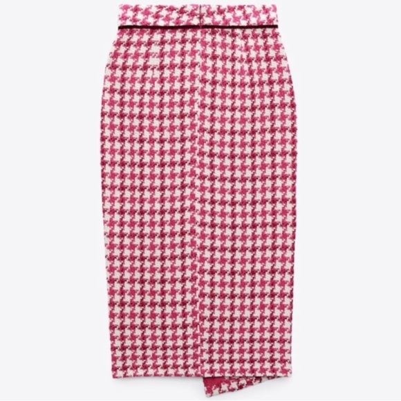 ZARA Tweed Textured Weave Houndstooth Faux Wrap Slit Midi Skirt Raspberry Pink S - Picture 8 of 16
